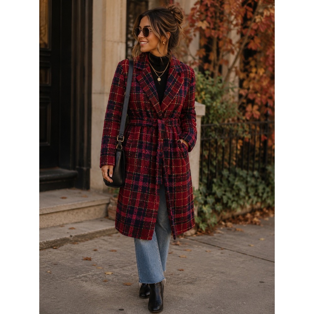 Lulus Womens Red Navy Blue Plaid Longline Belted Coat Notched Lapel Small S